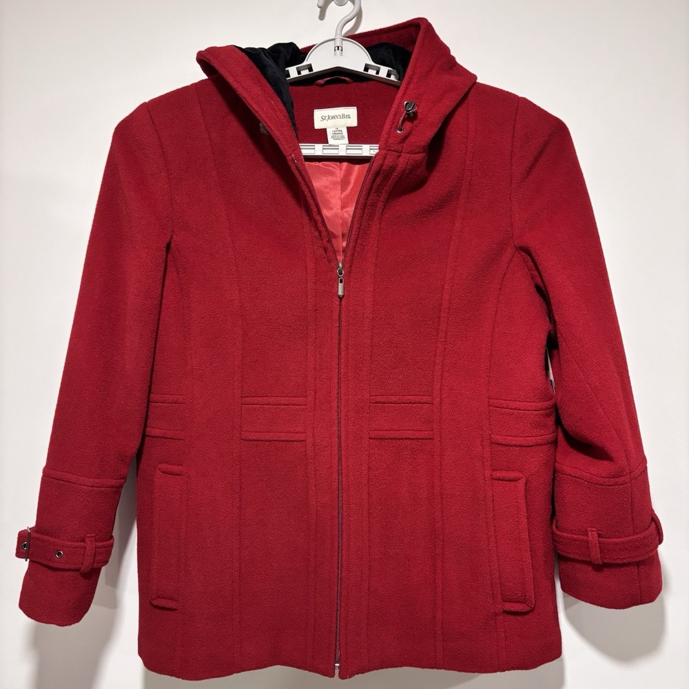 New St Johns‎ Bay Women Sz 1X Red Wool Cashmere Hooded Pea Coat Full Zip Pockets